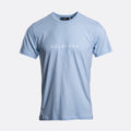 A light blue crewneck t-shirt with 'BELSTAFF' printed in white across the chest, displayed on a neutral light gray background. Belstaff T-Shirt. Sakks Menswear Southampton.