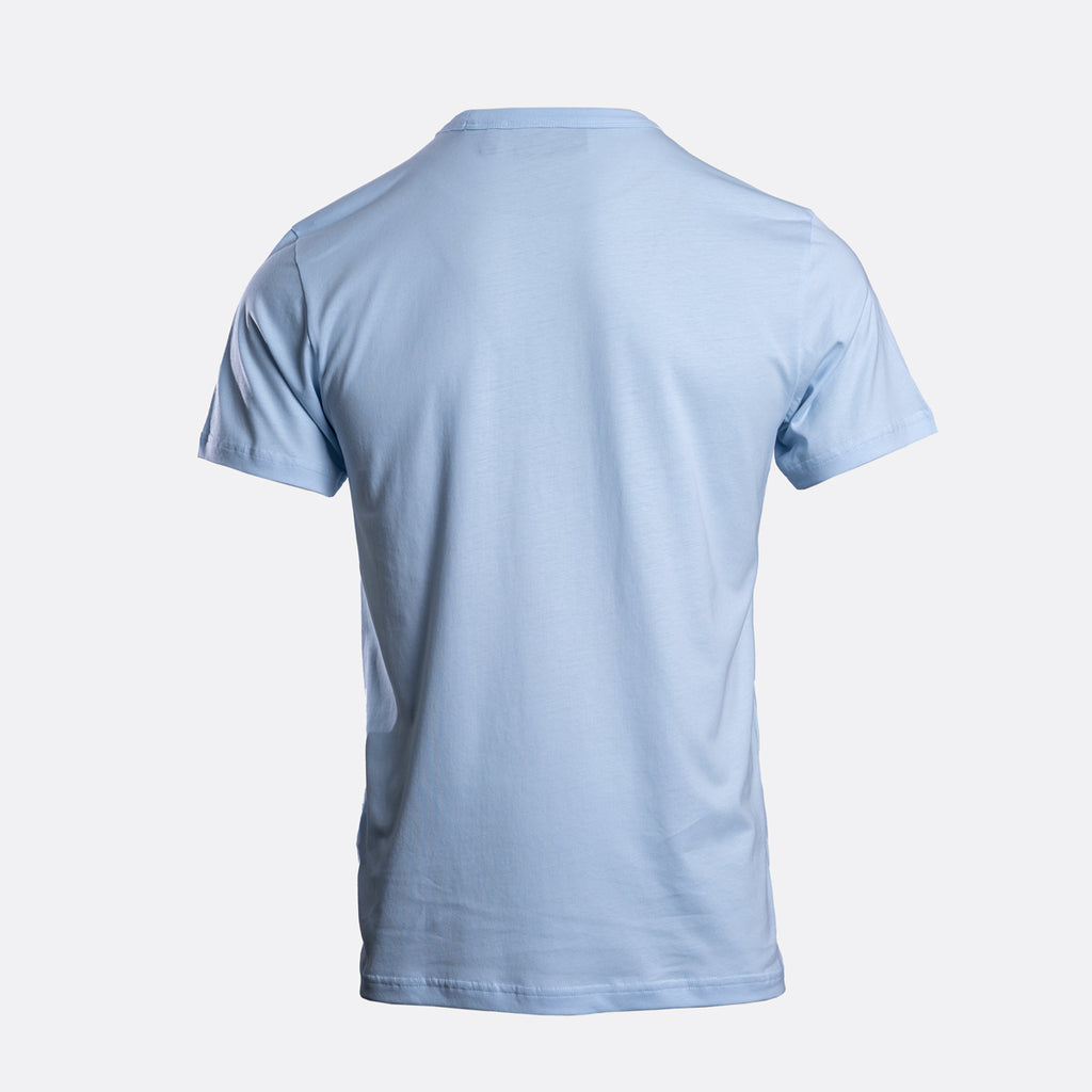A light blue short-sleeve crewneck t-shirt shown from the back, displayed on a clean, light gray background. Belstaff T-Shirt. Sakks Menswear Southampton.