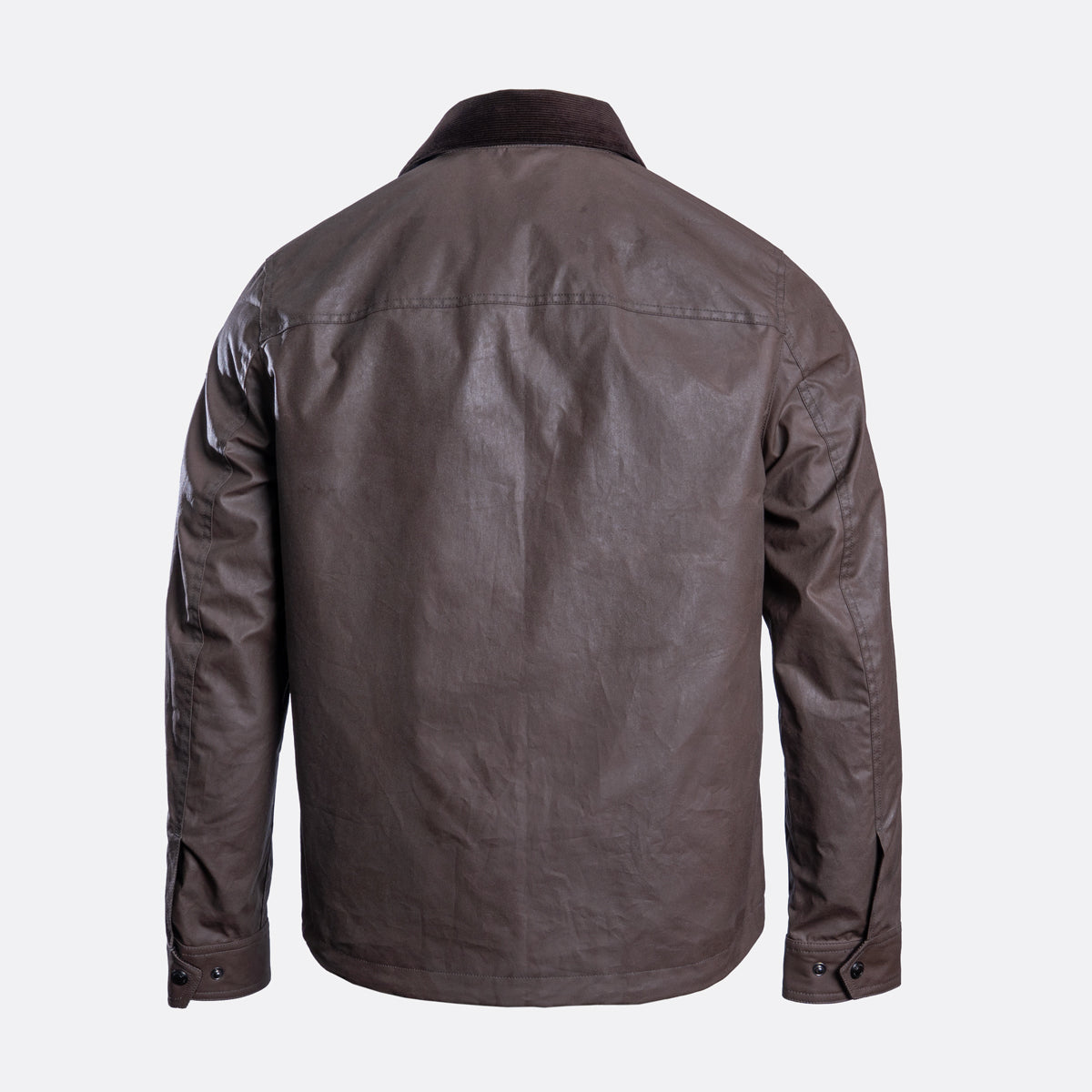 A dark brown waxed cotton jacket shown from the back, featuring a collar and long sleeves, photographed against a light gray background. Belstaff Jacket. Sakks Menswear Southampton.