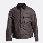 A dark brown waxed cotton button-up shirt jacket with a contrasting dark brown corduroy collar, a chest flap pocket, and button cuffs, shown on a light gray background. Belstaff Jacket. Sakks Menswear Southampton.