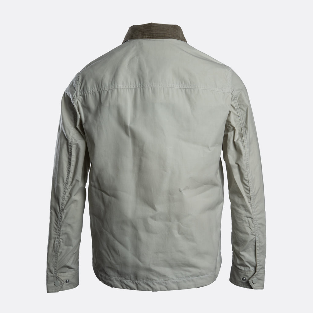 The back view of a light gray utility jacket with a contrasting dark brown collar, displayed on a clean light gray background. Belstaff Jacket. Sakks Menswear Southampton.