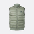 A sleeveless quilted puffer vest in a muted sage green color, featuring a stand-up collar, front zipper, and a small circular logo patch on the left chest, shown against a light gray background. Belstaff Gilet. Sakks Menswear Southampton.