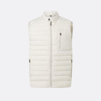 An off-white quilted puffer vest with a full-zip front, stand-up collar, and a vertical zippered chest pocket, shown against a light gray background. Belstaff Gilet. Sakks Menswear Southampton.