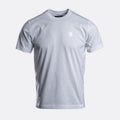 A light gray crew-neck t-shirt with a small white square logo patch on the left chest, displayed on a neutral light gray background. Belstaff T-Shirt. Sakks Menswear Southampton.