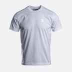 A light gray crew-neck t-shirt with a small white square logo patch on the left chest, displayed on a neutral light gray background. Belstaff T-Shirt. Sakks Menswear Southampton.