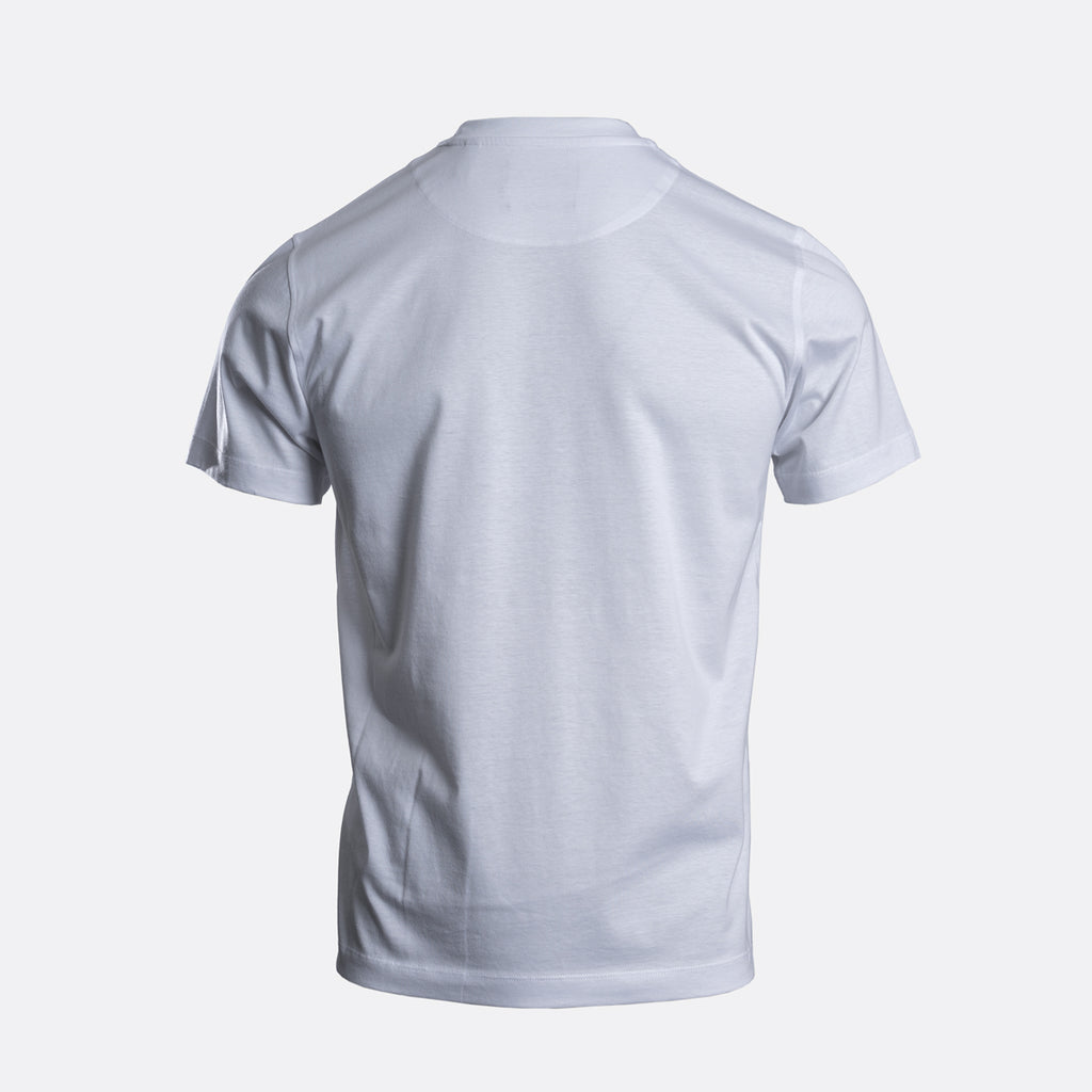 A white short-sleeve crewneck t-shirt shown from the back, displayed on a light gray background. Belstaff T-Shirt. Sakks Menswear Southampton.