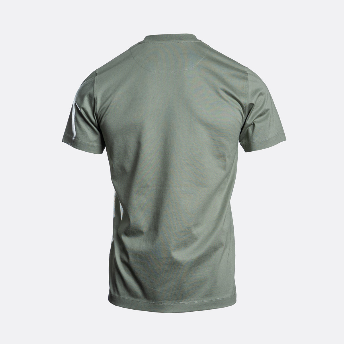 A short-sleeve crewneck t-shirt shown from the back, featuring a solid sage green color, displayed on a clean light gray background. Belstaff T-Shirt. Sakks Menswear Southampton.