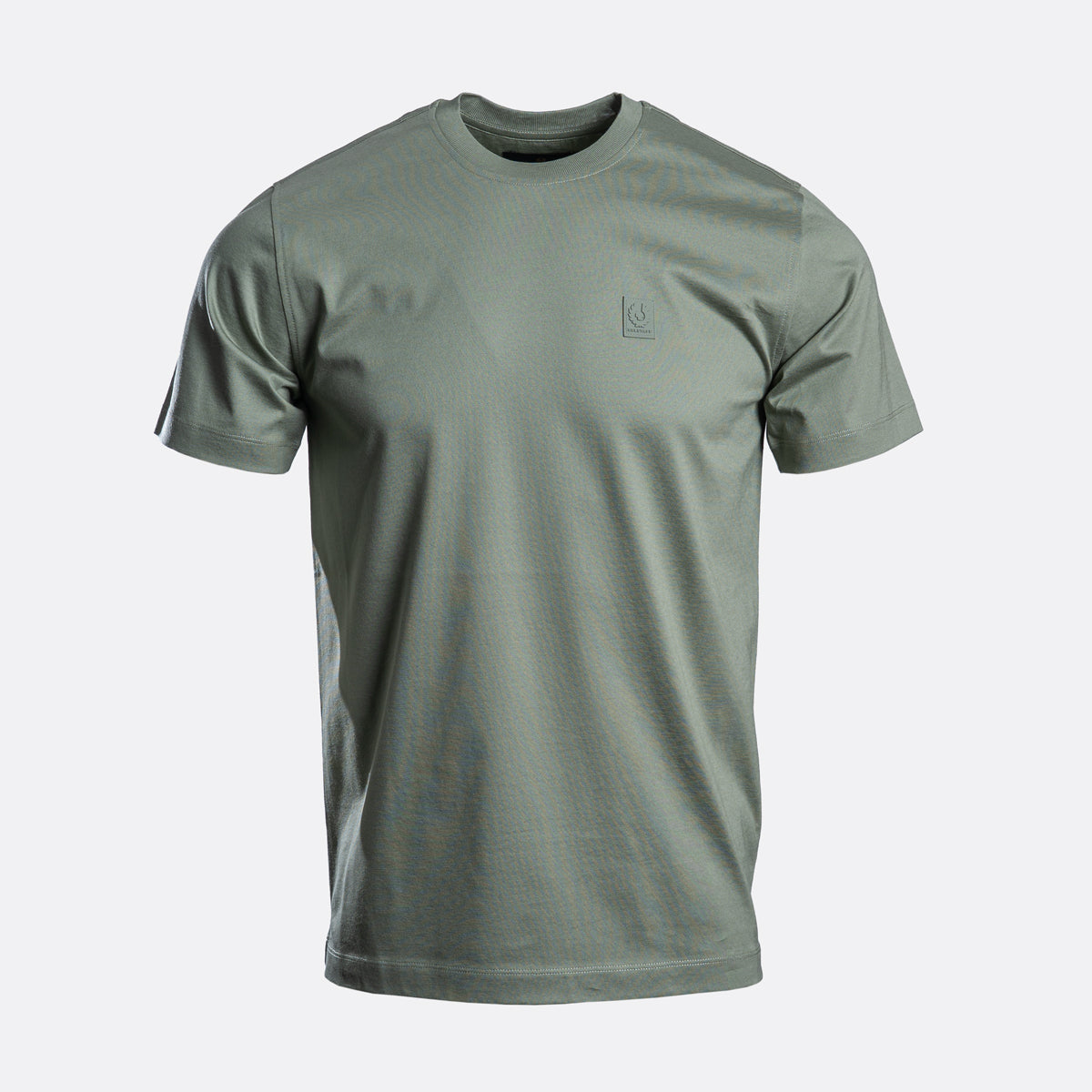 A short-sleeve crewneck t-shirt in a muted sage green color, featuring a small tonal square logo on the left chest and subtle tonal side panel detailing, shown against a light gray background. Belstaff T-Shirt. Sakks Menswear Southampton.