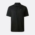 A black short-sleeve polo shirt with a small tonal square logo on the left chest, displayed on a clean light gray background. Belstaff Steel Polo. Sakks Menswear Southampton.