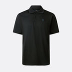 A black short-sleeve polo shirt with a small tonal square logo on the left chest, displayed on a clean light gray background. Belstaff Steel Polo. Sakks Menswear Southampton.