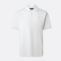 A white short-sleeve polo shirt with a small white embroidered logo on the left chest, displayed on a clean, light gray background. Belstaff Polo. Sakks Menswear Southampton.