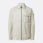 A light beige utility jacket with a front zipper, a pointed collar, a chest flap pocket, and a small sleeve patch, shown against a light gray background. Belstaff Jacket. Sakks Menswear Southampton.