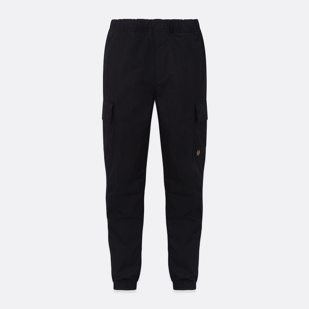 Black quilted pants on a white background. Belstaff Cargo Pants. Sakks Menswear Southampton.