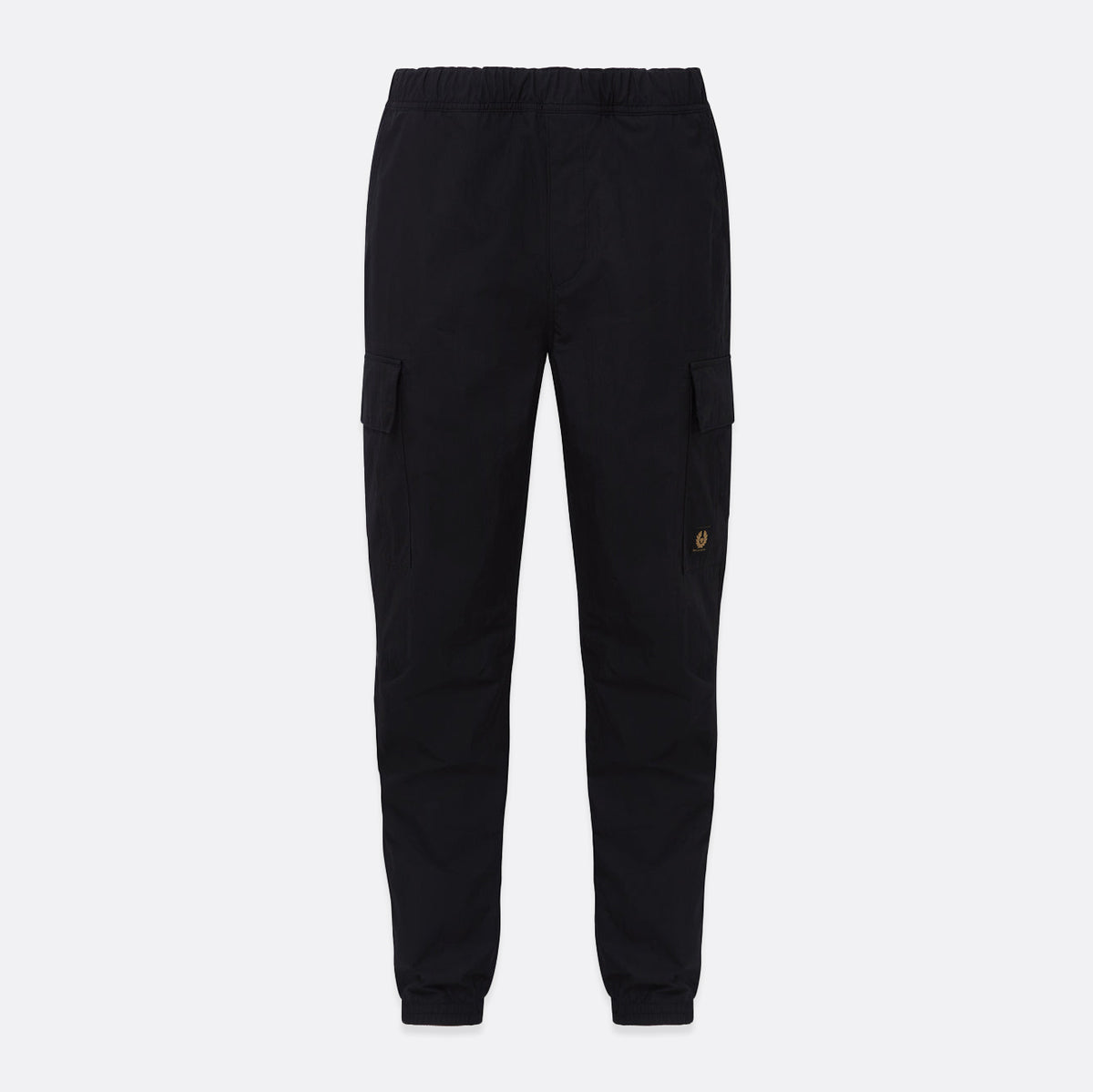 Black quilted pants on a white background. Belstaff Cargo Pants. Sakks Menswear Southampton.