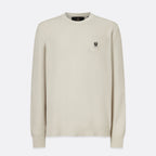 A cream-colored long-sleeve knit sweater with a small embroidered black logo on the left chest, displayed against a light gray background. Belstaff Sweatshirt. Sakks Menswear Southampton.