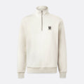 An off-white quarter-zip sweatshirt with a small embroidered logo patch on the left chest, displayed on a light gray background. Belstaff Quarter Zip. Sakks Menswear Southampton.