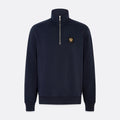 A navy blue quarter-zip sweatshirt with a small gold embroidered logo on the left chest, displayed on a light gray background. Belstaff Quarter Zip. Sakks Menswear Southampton.