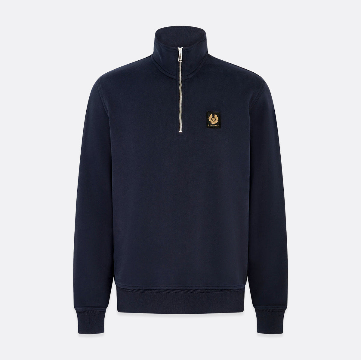 A navy blue quarter-zip sweatshirt with a small gold embroidered logo on the left chest, displayed on a light gray background. Belstaff Quarter Zip. Sakks Menswear Southampton.