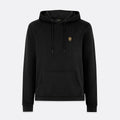 A black pullover hoodie with a small embroidered gold crest logo on the left chest, displayed on a light gray background. Belstaff Hoodie. Sakks Menswear Southampton.