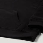 Close-up detail of a black crewneck sweatshirt showing the ribbed knit collar, hem, and sleeve cuff stitching. Belstaff Hoodie. Sakks Menswear Southampton.