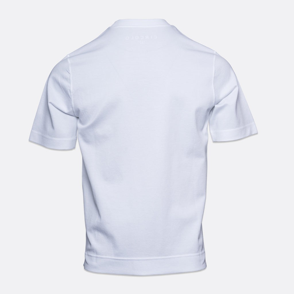 A white short-sleeve t-shirt shown from the back, featuring a subtle, tonal embossed logo of the brand GURZHI near the neckline, set against a light grey background. Circolo 1901 T-Shirt. Sakks Menswear Southampton.