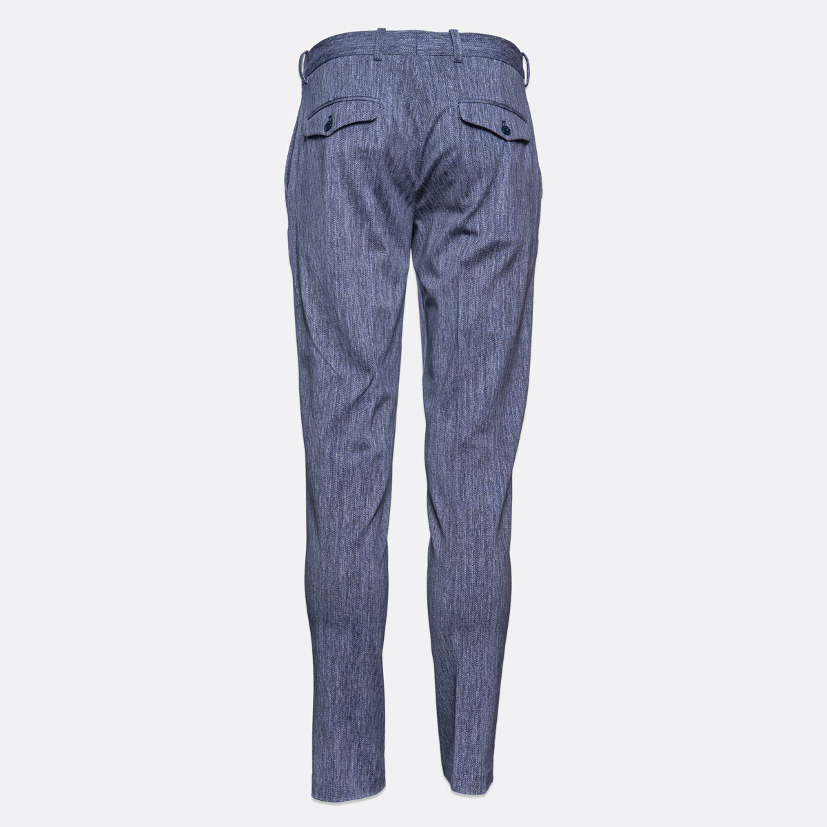 Blue denim trousers shown from the back, featuring a slim fit and two buttoned flap pockets, set against a plain light gray background. Circolo 1901 Trousers. Sakks Menswear Southampton.
