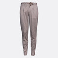 A pair of men's slim-fit trousers in a textured taupe-gray fabric, featuring a drawstring waistband and front creases, shown against a plain light gray background. Circolo 1901 Trousers. Sakks Menswear Southampton.