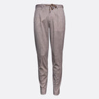 A pair of men's slim-fit trousers in a textured taupe-gray fabric, featuring a drawstring waistband and front creases, shown against a plain light gray background. Circolo 1901 Trousers. Sakks Menswear Southampton.