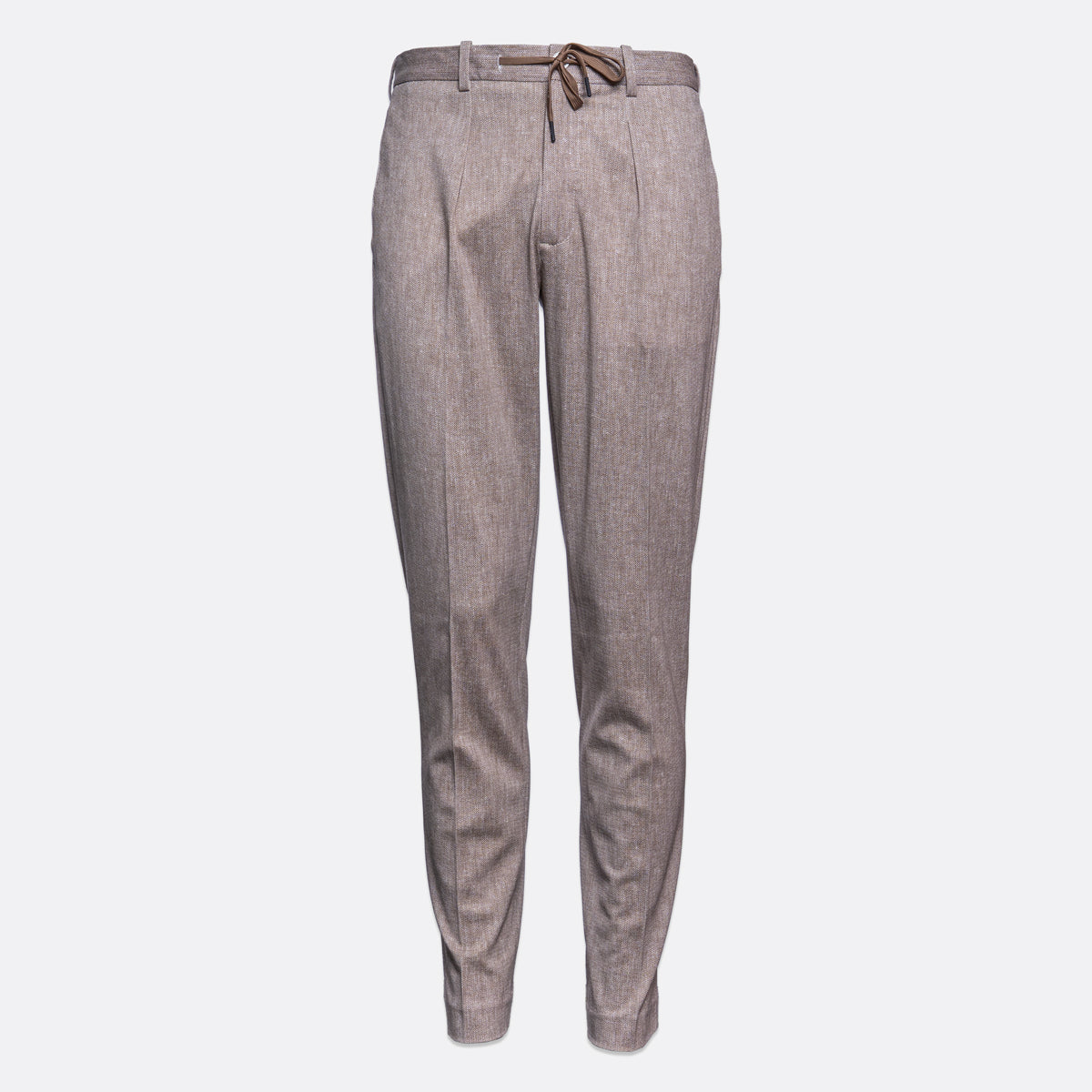 A pair of men's slim-fit trousers in a textured taupe-gray fabric, featuring a drawstring waistband and front creases, shown against a plain light gray background. Circolo 1901 Trousers. Sakks Menswear Southampton.