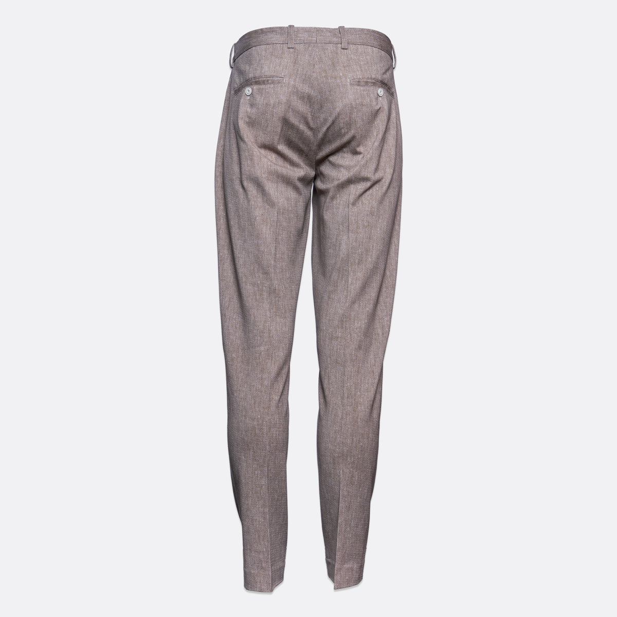 A pair of slim-fit trousers shown from the back, featuring a subtle textured pattern in a muted grayish-brown tone, set against a plain light gray background. Circolo 1901 Trousers. Sakks Menswear Southampton.