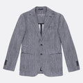 A gray textured blazer by Circolo 1901, featuring a two-button front closure, notch lapels, and decorative black lace detailing on the cuffs, displayed against a light gray background. Circolo 1901 Blazer. Sakks Menswear Southampton.