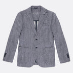 A gray textured blazer by Circolo 1901, featuring a two-button front closure, notch lapels, and decorative black lace detailing on the cuffs, displayed against a light gray background. Circolo 1901 Blazer. Sakks Menswear Southampton.