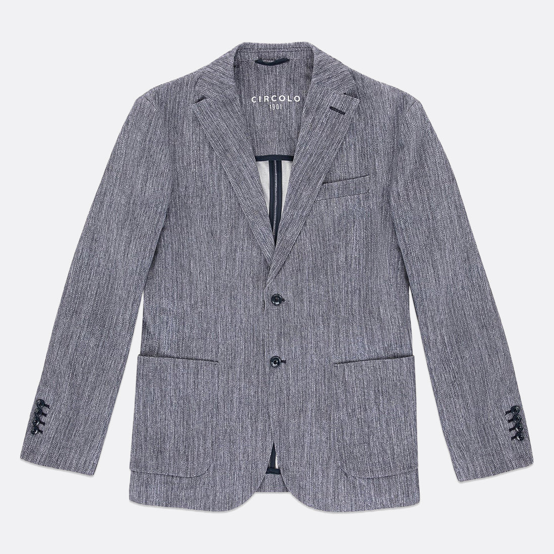 A gray textured blazer by Circolo 1901, featuring a two-button front closure, notch lapels, and decorative black lace detailing on the cuffs, displayed against a light gray background. Circolo 1901 Blazer. Sakks Menswear Southampton.
