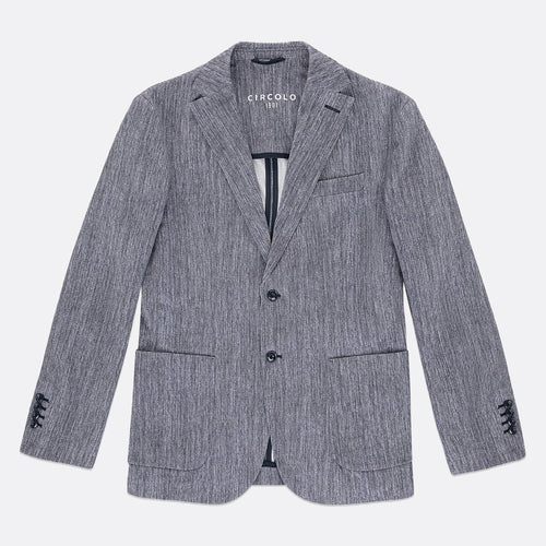 A gray textured blazer by Circolo 1901, featuring a two-button front closure, notch lapels, and decorative black lace detailing on the cuffs, displayed against a light gray background. Circolo 1901 Blazer. Sakks Menswear Southampton.
