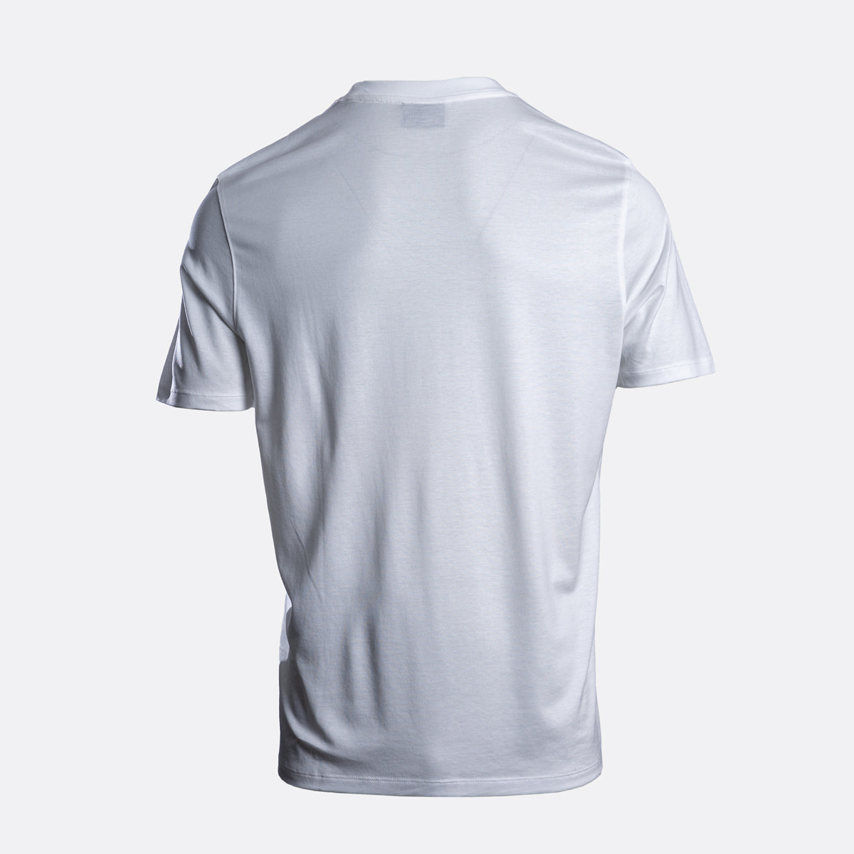 A white short-sleeve crewneck t-shirt shown from the back, displayed on a light gray background. Emporio Armani T-Shirt. Sakks Menswear Southampton.