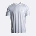 A white short-sleeve crewneck t-shirt with a small dark embroidered logo on the left chest, displayed on a light gray background. Emporio Armani T-Shirt. Sakks Menswear Southampton.