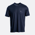 A navy blue short-sleeve crewneck t-shirt with a small white embroidered eagle logo on the left chest, displayed on a light gray background. Emporio Armani T-Shirt. Sakks Menswear Southampton.