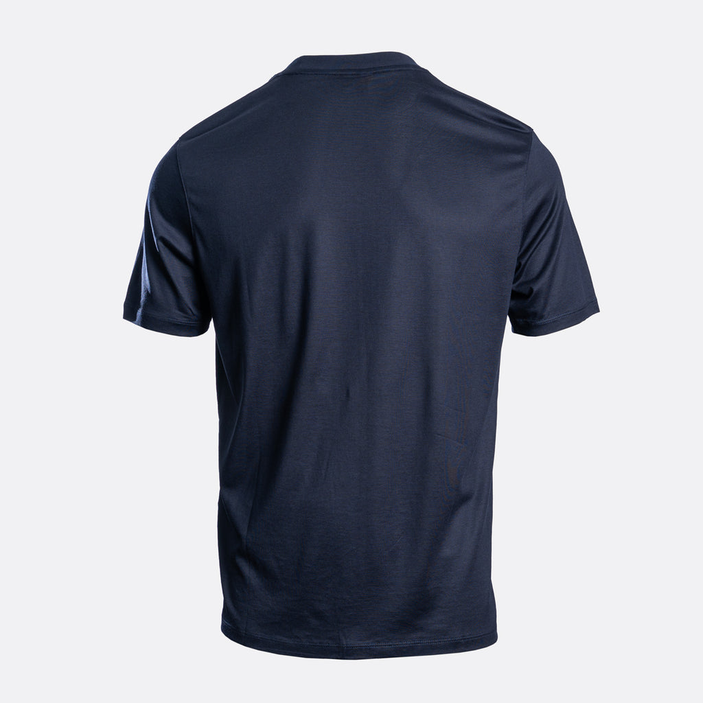 A dark navy blue short-sleeve athletic t-shirt shown from the back, displayed on a clean, light gray background. Emporio Armani T-Shirt. Sakks Menswear Southampton.