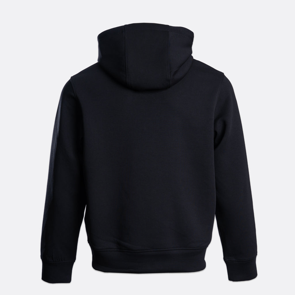 A black pullover hoodie shown from the back, featuring a simple design with a hood, long sleeves, and ribbed cuffs and hem, set against a light gray background. Emporio Armani Hoodie. Sakks Menswear Southampton.
