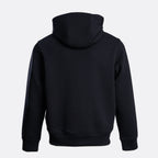 A black pullover hoodie shown from the back, featuring a simple design with a hood, long sleeves, and ribbed cuffs and hem, set against a light gray background. Emporio Armani Hoodie. Sakks Menswear Southampton.