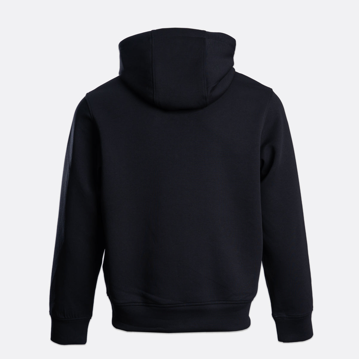 A black pullover hoodie shown from the back, featuring a simple design with a hood, long sleeves, and ribbed cuffs and hem, set against a light gray background. Emporio Armani Hoodie. Sakks Menswear Southampton.