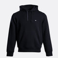 A black pullover hoodie with a small white embroidered eagle logo on the left chest, displayed on a clean light gray background. Emporio Armani Hoodie. Sakks Menswear Southampton.