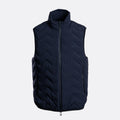 A navy blue sleeveless quilted puffer vest with a full front zipper and stand-up collar, shown against a light gray background. Emporio Armani Gilet. Sakks Menswear Southampton.