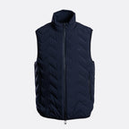 A navy blue sleeveless quilted puffer vest with a full front zipper and stand-up collar, shown against a light gray background. Emporio Armani Gilet. Sakks Menswear Southampton.