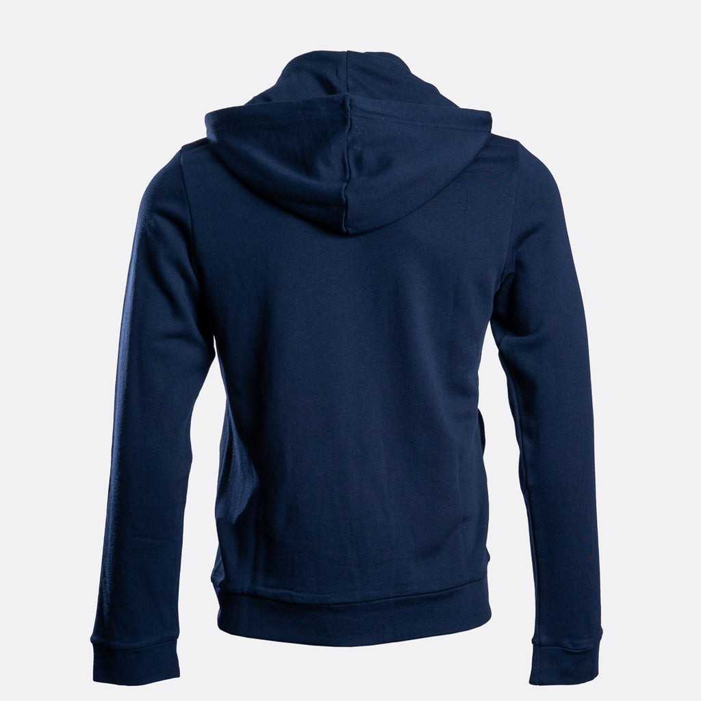 A navy blue hooded sweatshirt shown from the back, displayed on a light gray background. Emporio Armani Hoodie. Sakks Menswear Southampton.