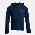 A navy blue zip-up hoodie with a drawstring hood and a small embroidered logo on the left chest, displayed against a light gray background. Emporio Armani Hoodie. Sakks Menswear Southampton.