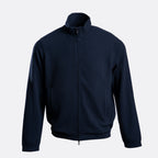 A dark navy blue waffle-knit zip-up jacket with a stand-up collar, displayed on a light gray background. Emporio Armani Sweatshirt. Sakks Menswear Southampton.