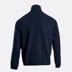 A dark navy blue waffle-knit quarter-zip pullover sweater, shown from the back against a light gray background. Emporio Armani Sweatshirt. Sakks Menswear Southampton.