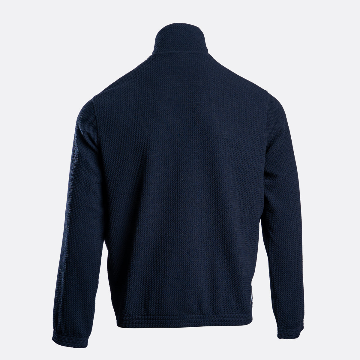 A dark navy blue waffle-knit quarter-zip pullover sweater, shown from the back against a light gray background. Emporio Armani Sweatshirt. Sakks Menswear Southampton.