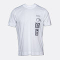A white short-sleeve crewneck t-shirt with black graphic prints on the left chest, featuring a vertical stack of three rectangular designs and a circular logo print. Emporio Armani T-Shirt. Sakks Menswear Southampton.